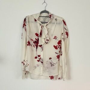 Joie NEW white/red patterned, tie neck blouse